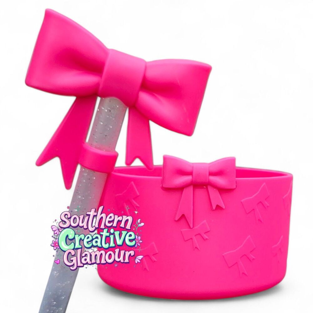 Malibu Pink Bow Silicone Straw Topper & Malibu Pink Silicone Tumbler Boot Set